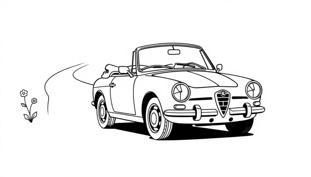 Eine schwarz-weiße Malvorlage eines Alfa Romeo Cabrios, das auf einem Weg zu einer Blume fährt.