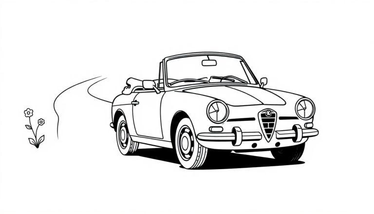 Eine schwarz-weiße Malvorlage eines Alfa Romeo Cabrios, das auf einem Weg zu einer Blume fährt.