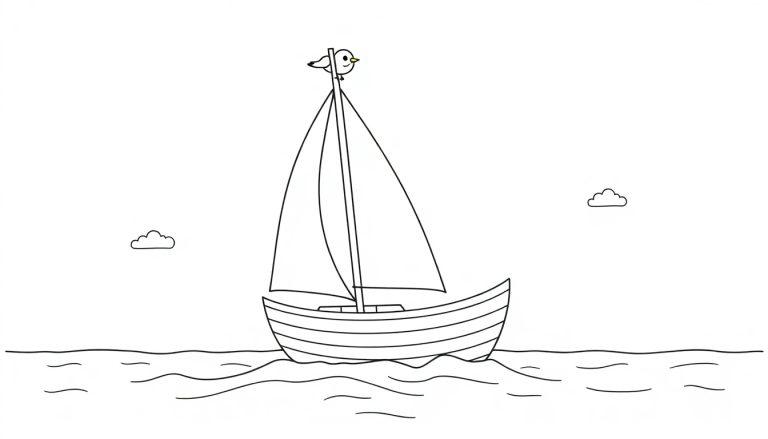Schwarz-weiße Farbtafel eines einfachen Segelboots mit einem kleinen Vogel auf dem Mast, das auf gewelltem Wasser fährt, mit zwei kleinen Wolken am Himmel.