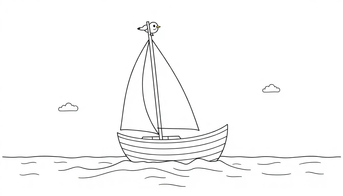 Schwarz-weiße Farbtafel eines einfachen Segelboots mit einem kleinen Vogel auf dem Mast, das auf gewelltem Wasser fährt, mit zwei kleinen Wolken am Himmel.