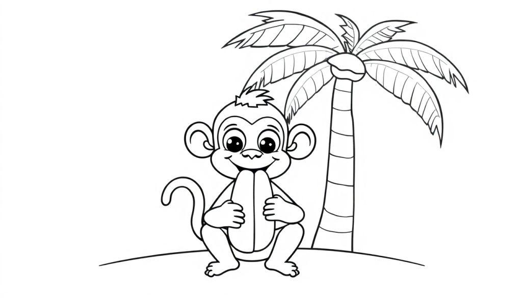Ein süßer Cartoon-Affe umarmt eine Banane vor einer Palme, bereit zum Ausmalen. Eine Farbtafel-Zeichnung.