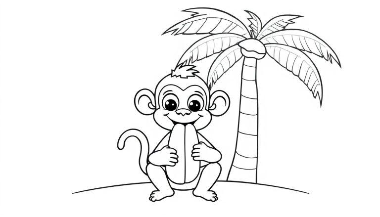 Ein süßer Cartoon-Affe umarmt eine Banane vor einer Palme, bereit zum Ausmalen. Eine Farbtafel-Zeichnung.