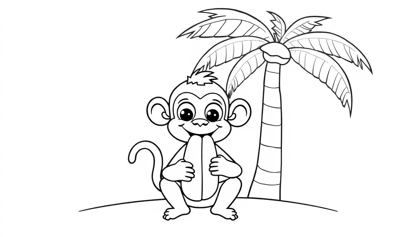 Ein süßer Cartoon-Affe umarmt eine Banane vor einer Palme, bereit zum Ausmalen. Eine Farbtafel-Zeichnung.