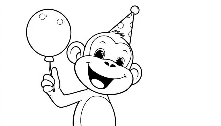 Schwarz-Weiß-Cartoon eines lächelnden Affen mit Partyhut und Ballon.