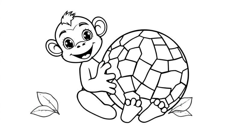 Schwarz-Weiß-Ausmalbild eines niedlichen Affen, der einen Mosaikball umarmt, als Farbtafel.