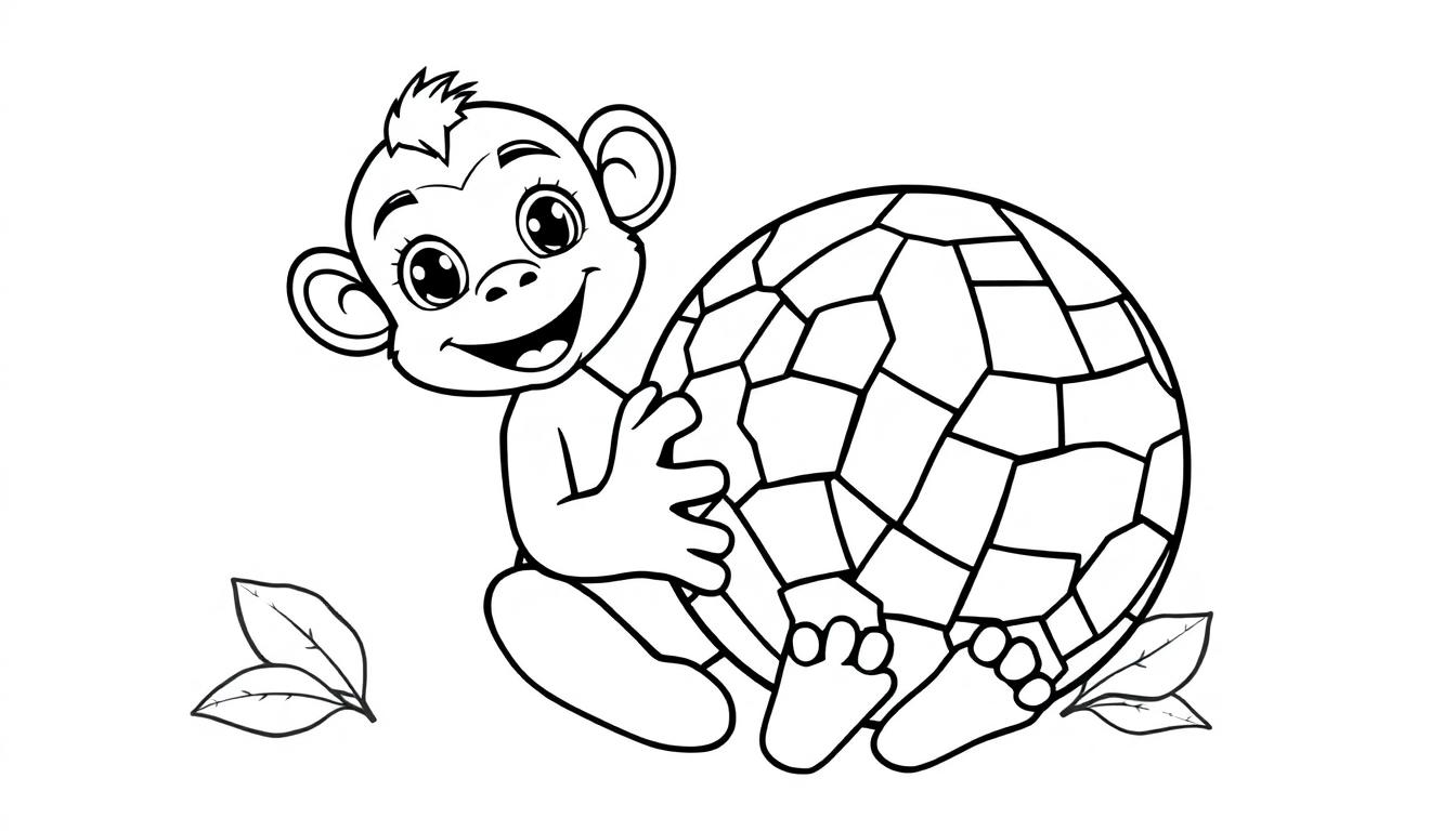 Schwarz-Weiß-Ausmalbild eines niedlichen Affen, der einen Mosaikball umarmt, als Farbtafel.