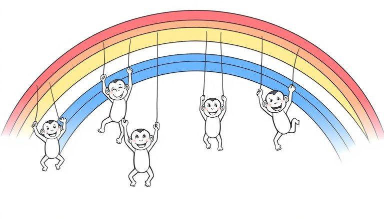 Fünf Cartoon-Affen hängen an bunten Regenbogenseilen.
