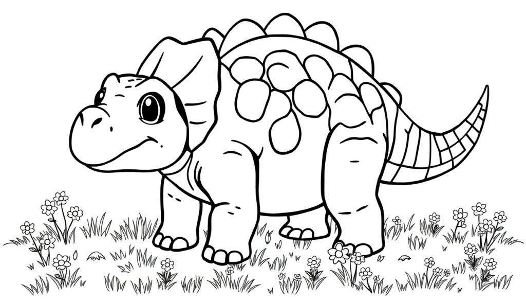 Eine niedliche Farbtafel eines Ankylosaurus auf einer grünen Wiese.
