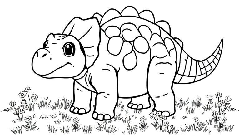 Eine niedliche Farbtafel eines Ankylosaurus auf einer grünen Wiese.
