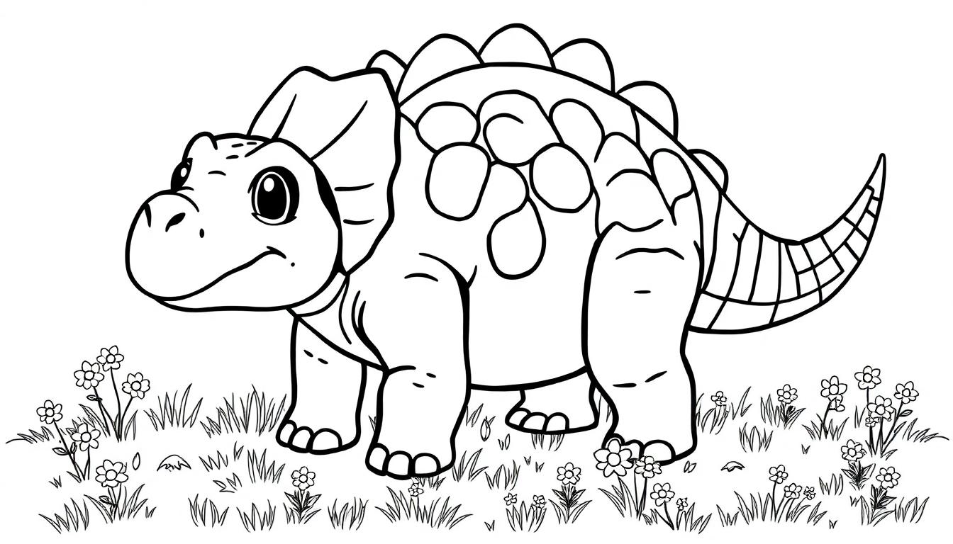 Eine niedliche Farbtafel eines Ankylosaurus auf einer grünen Wiese.