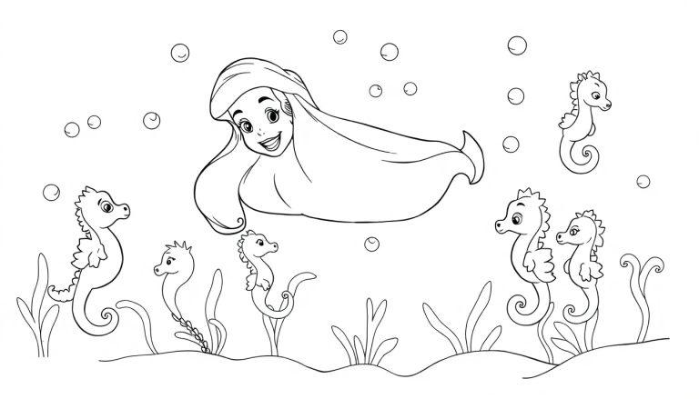 Ariel, die kleine Meerjungfrau, malt eine Farbtafel mit Seepferdchen.