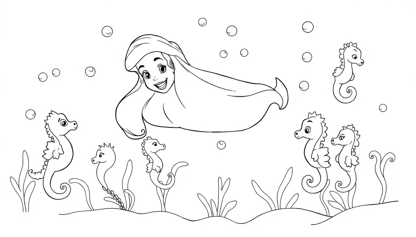 Ariel, die kleine Meerjungfrau, malt eine Farbtafel mit Seepferdchen.