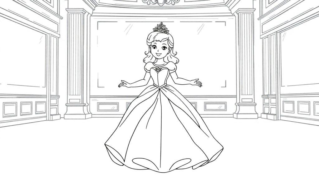 Eine Strichzeichnung von Aschenputtel in ihrem Ballkleid und ihrer Tiara, bereit zum Tanzen. Eine Farbtafel für Kinder.