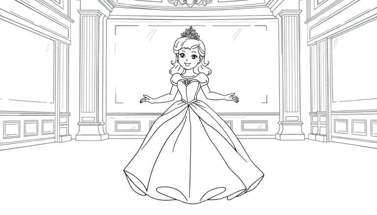 Eine Strichzeichnung von Aschenputtel in ihrem Ballkleid und ihrer Tiara, bereit zum Tanzen. Eine Farbtafel für Kinder.