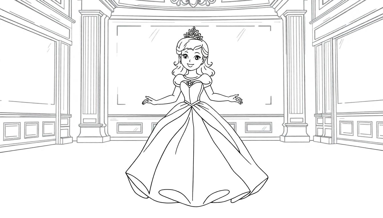 Eine Strichzeichnung von Aschenputtel in ihrem Ballkleid und ihrer Tiara, bereit zum Tanzen. Eine Farbtafel für Kinder.