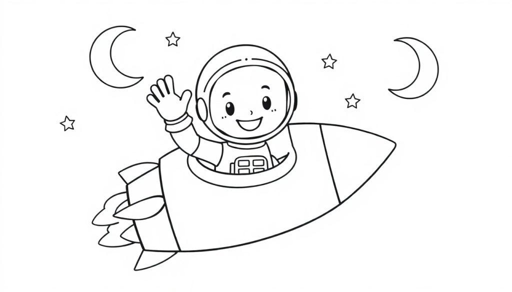 Schwarz-Weiß-Farbtafel eines Astronauten, der aus seinem Raumschiff winkt, mit Sternen und Monden im Hintergrund.