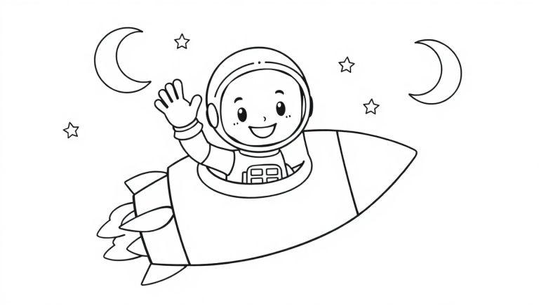 Schwarz-Weiß-Farbtafel eines Astronauten, der aus seinem Raumschiff winkt, mit Sternen und Monden im Hintergrund.
