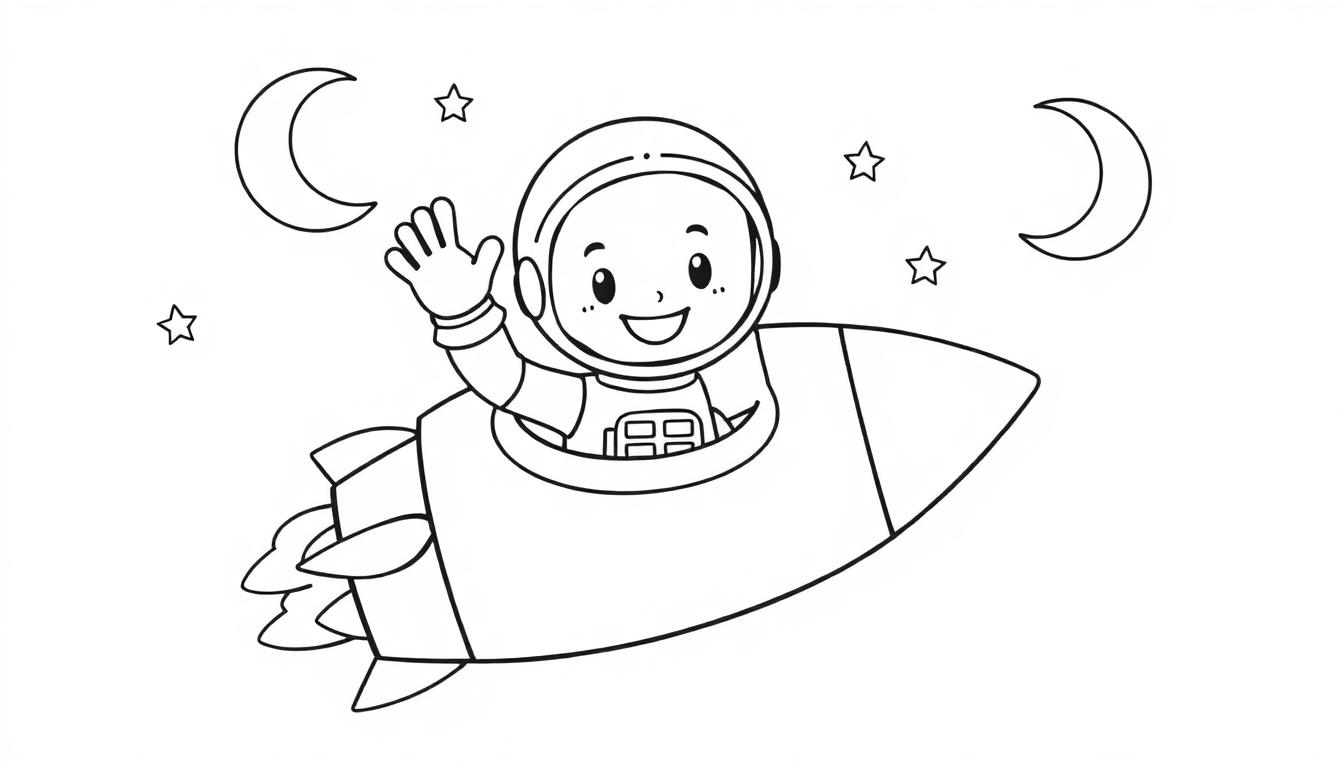Schwarz-Weiß-Farbtafel eines Astronauten, der aus seinem Raumschiff winkt, mit Sternen und Monden im Hintergrund.