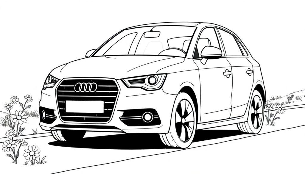 Eine Schwarz-Weiß-Farbtafel eines Audi A1 mit Blumen.
