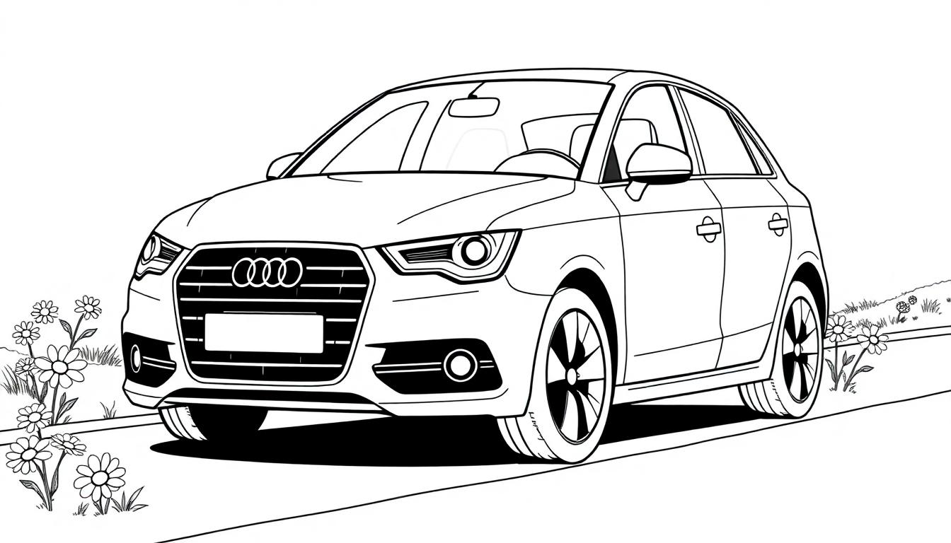 Eine Schwarz-Weiß-Farbtafel eines Audi A1 mit Blumen.