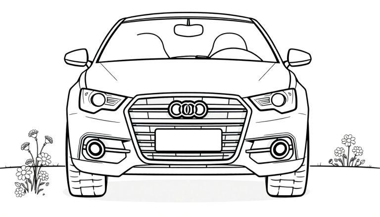 Schwarz-Weiß-Farbtafel-Zeichnung eines Audi-Autos mit Blumen.