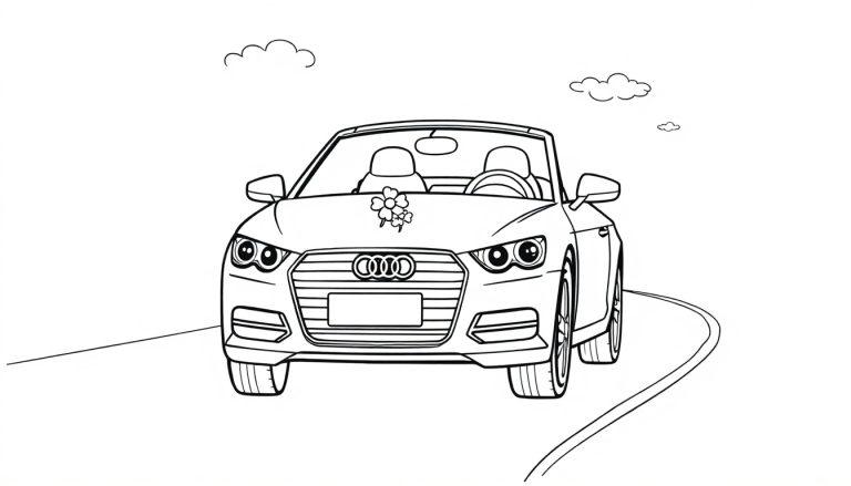 Eine schwarz-weiße Farbtafel eines offenen Audi-Autos mit einer Blume auf der Motorhaube.