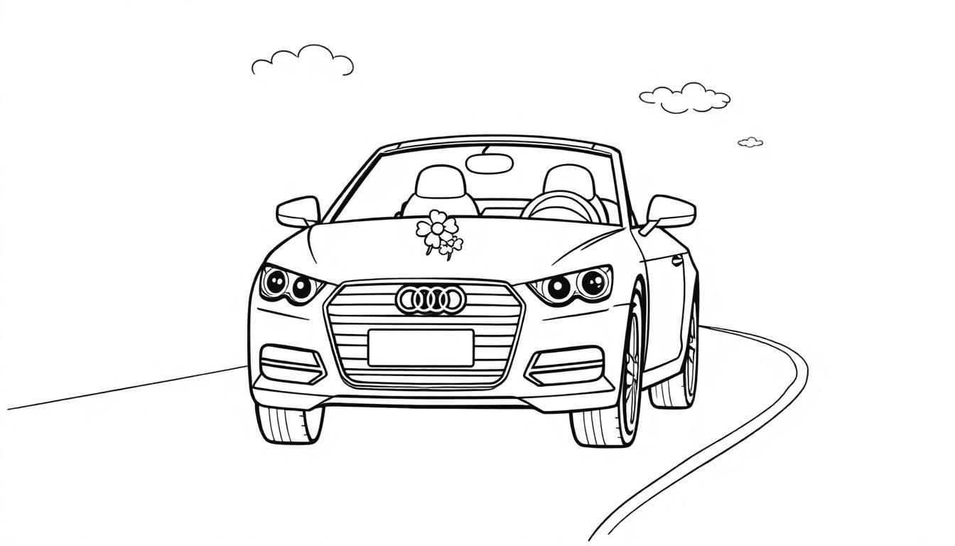 Eine schwarz-weiße Farbtafel eines offenen Audi-Autos mit einer Blume auf der Motorhaube.