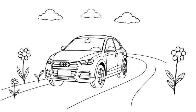 Schwarz-weiße Farbtafel-Umrisszeichnung eines süßen kleinen Audi Q3, der auf einer kurvenreichen Straße fährt, umgeben von bunten Blumen und flauschigen Wolken.