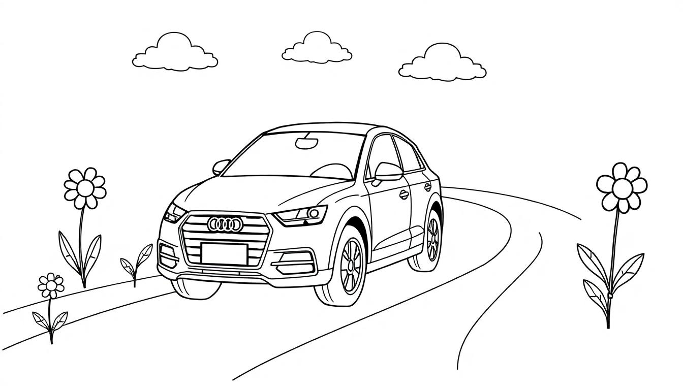 Schwarz-weiße Farbtafel-Umrisszeichnung eines süßen kleinen Audi Q3, der auf einer kurvenreichen Straße fährt, umgeben von bunten Blumen und flauschigen Wolken.