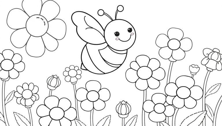Eine süße Biene auf einer Farbtafel, die über Blumen fliegt.