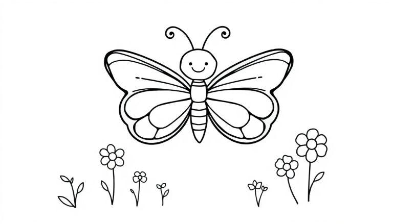 Kopierseite mit Farbtafel: Ein lächelnder Comic-Schmetterling mit großen Flügeln fliegt über bunte Blumen.