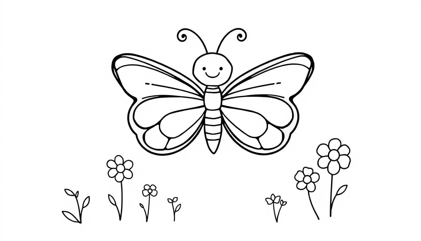Kopierseite mit Farbtafel: Ein lächelnder Comic-Schmetterling mit großen Flügeln fliegt über bunte Blumen.