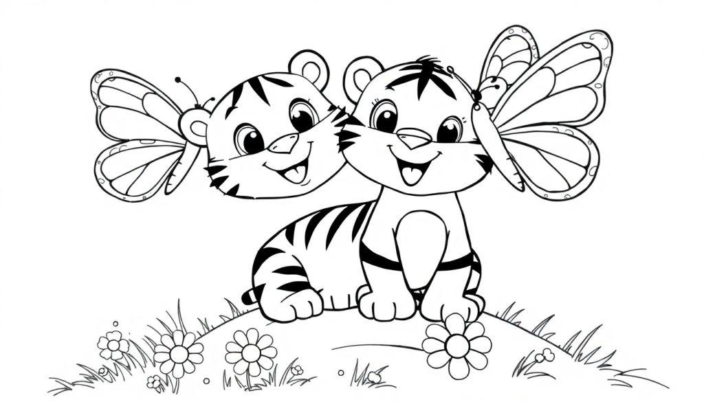 Schwarz-Weiß-Farbtafel von zwei niedlichen Tigerbabys mit Schmetterlingsflügeln auf einem Blumenhügel.