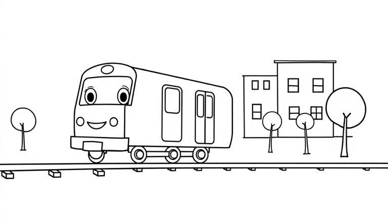 Schwarzweiß-Farbtafel-Cartoon einer freundlichen U-Bahn mit großen Augen und einem Lächeln, die auf Schienen vor stilisierten Gebäuden und Bäumen fährt.