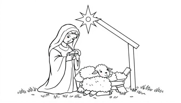 Schwarz-weiße Farbtafel einer Krippenszene mit Maria, dem Jesuskind und einem Schaf.