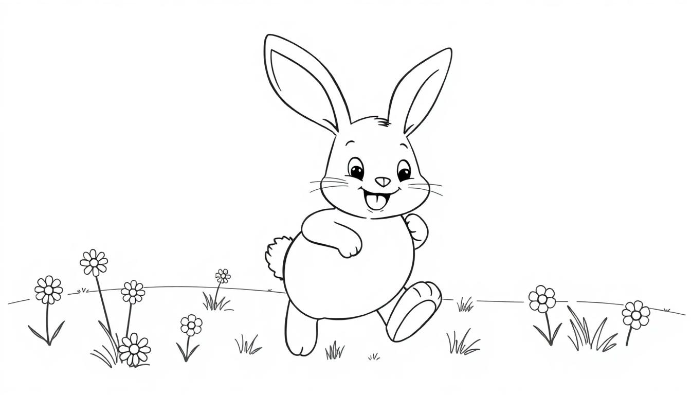 Schwarz-Weiß-Farbtafel eines cartoonhaften Hasen mit langen Ohren und einem Lächeln, der über eine Wiese mit Gänseblümchen hoppelt.