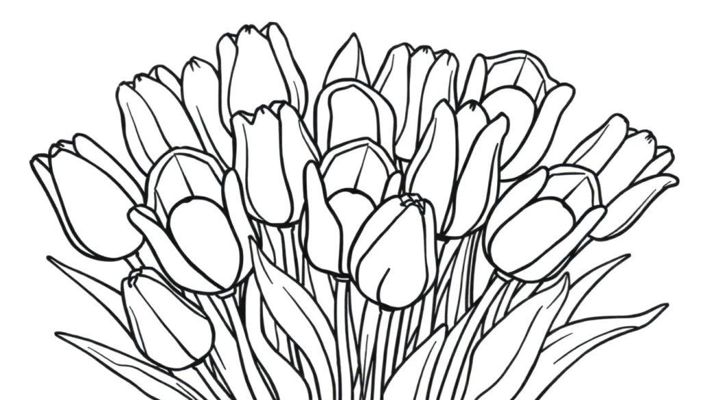 Schwarz-weiße Farbtafel eines Tulpenstraußes mit verschiedenen Blütestadien.