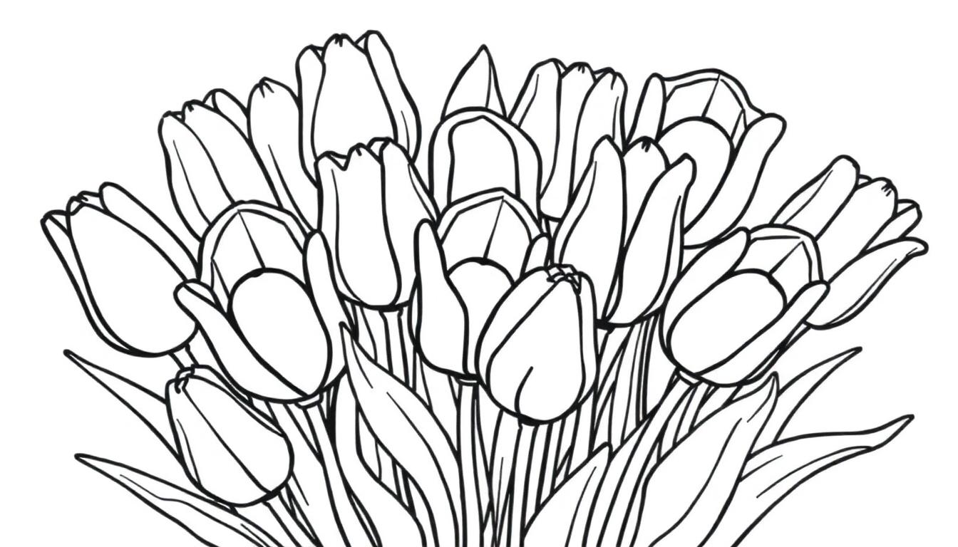 Schwarz-weiße Farbtafel eines Tulpenstraußes mit verschiedenen Blütestadien.