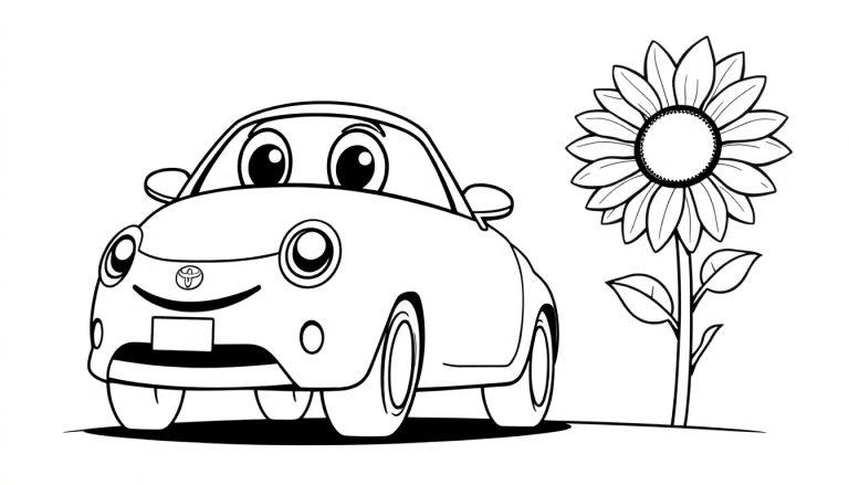 Eine Schwarz-Weiß-Farbtafel eines freundlichen Cartoon-Autos neben einer Sonnenblume.