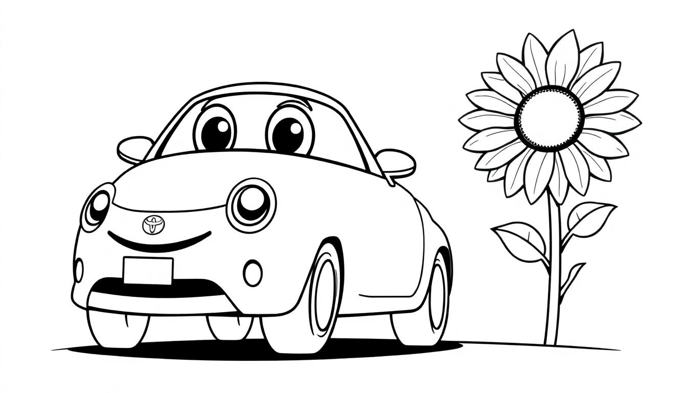 Eine Schwarz-Weiß-Farbtafel eines freundlichen Cartoon-Autos neben einer Sonnenblume.