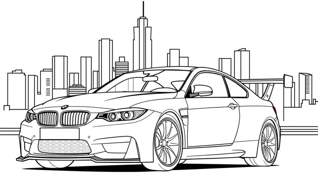 Strichzeichnung eines BMW M3 GTR vor einer Stadtsilhouette