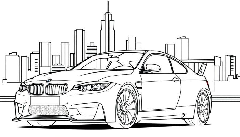 Strichzeichnung eines BMW M3 GTR vor einer Stadtsilhouette