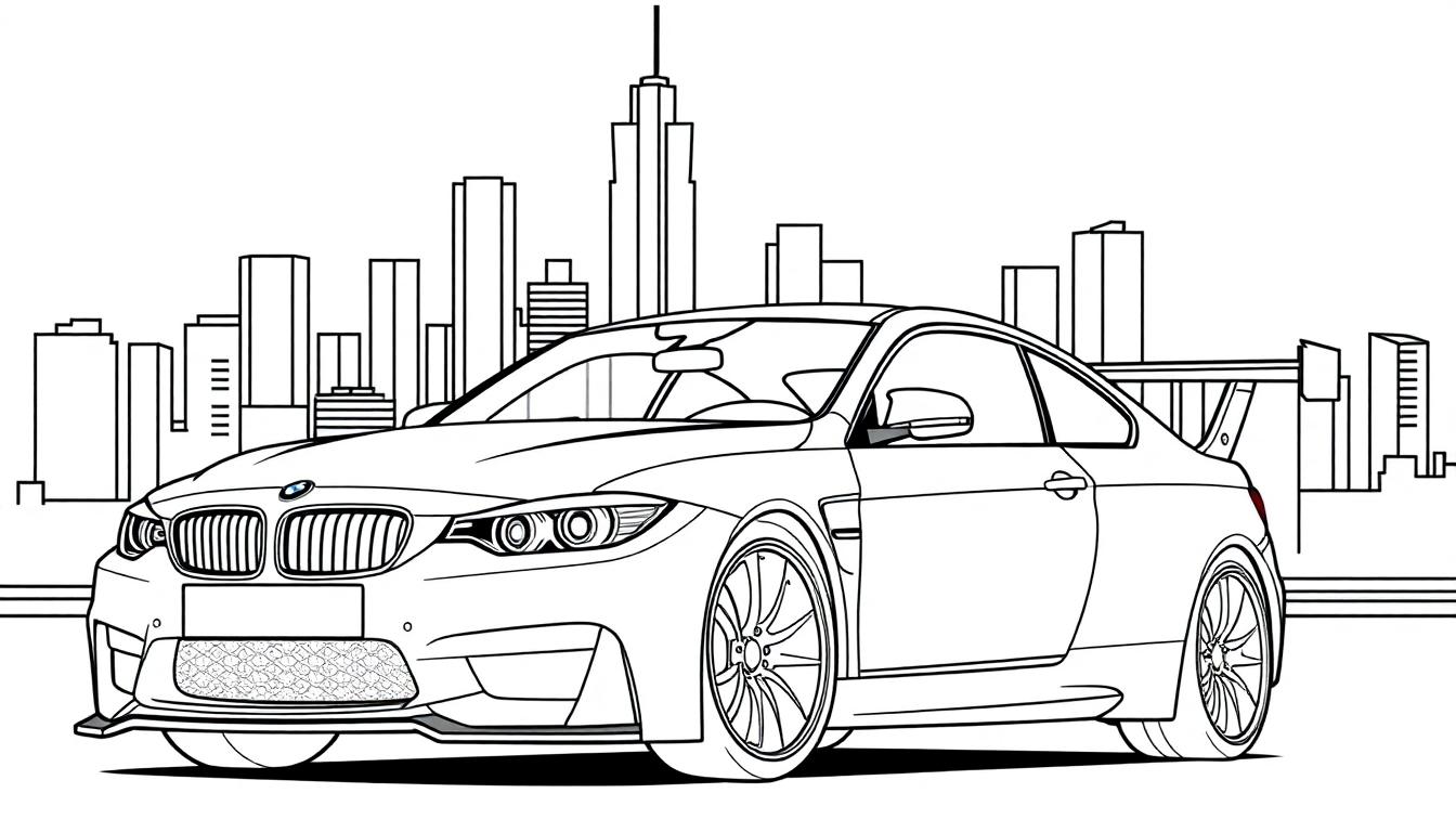 Strichzeichnung eines BMW M3 GTR vor einer Stadtsilhouette