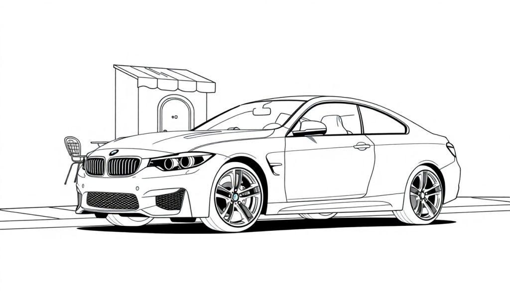 Schwarz-weiße Zeichnung eines BMW M4 Coupé vor einem Café mit einem Stuhl.