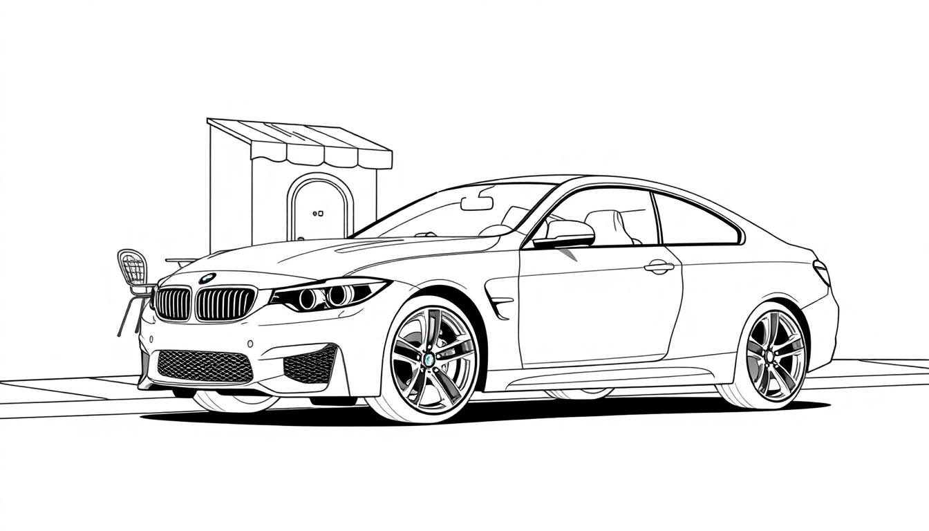 Schwarz-weiße Zeichnung eines BMW M4 Coupé vor einem Café mit einem Stuhl.