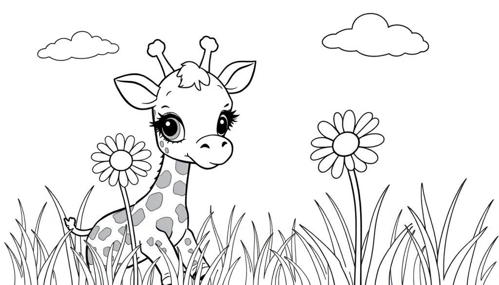 Schwarz-Weiß-Farbtafel: Niedliches Baby-Giraffenkind, das in hohem Gras und Blumen steht.