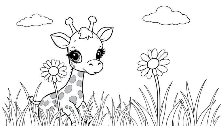 Schwarz-Weiß-Farbtafel: Niedliches Baby-Giraffenkind, das in hohem Gras und Blumen steht.
