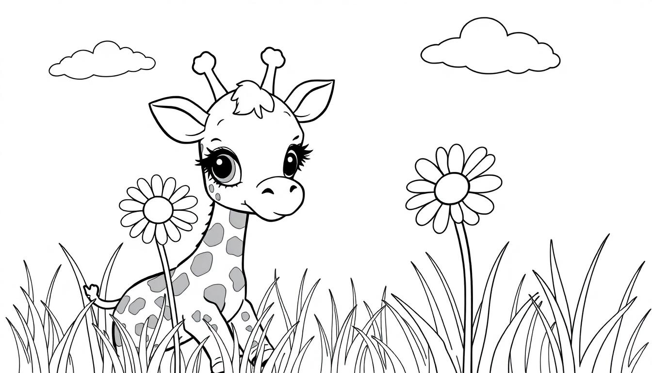 Schwarz-Weiß-Farbtafel: Niedliches Baby-Giraffenkind, das in hohem Gras und Blumen steht.