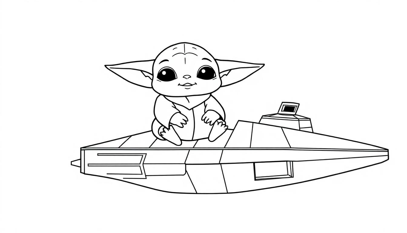 Baby Yoda als Schwarz-Weiß-Farbtafel, der auf einem Raumschiff sitzt.