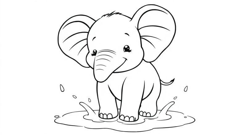 Niedlicher Elefant spielt im Regen - Farbtafel